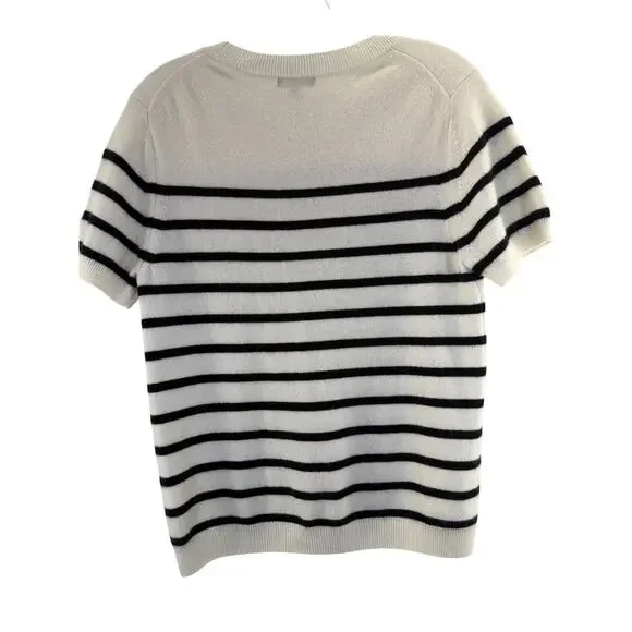 Quince Cashmere Ivory Black Stripe Short Sleeve Sweater Tee Shirt Large Staple - Picture 5 of 7